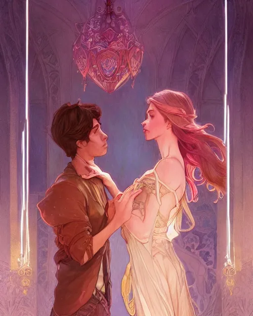 Image similar to secret romance, highly detailed,, gold filigree, romantic storybook fantasy, soft cinematic lighting, award, disney concept art watercolor illustration by mandy jurgens and alphonse mucha and alena aenami, pastel color palette, featured on artstation