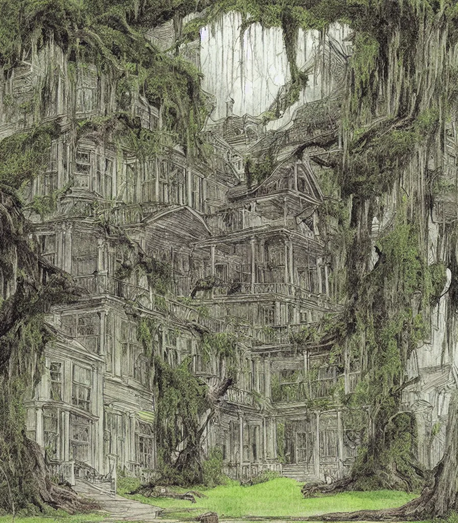 Image similar to southern plantation mansion hanging moss abandoned decay illustration by maurice sendak
