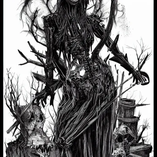 Image similar to burned witch on a pyre of bones, horror. dark gothic, artstation