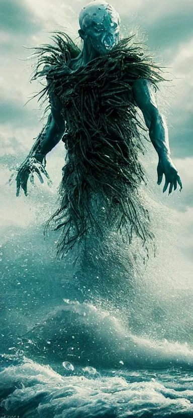 Image similar to monster made of water, made of liquid, rising up from ocean, water armor, high detail, high contrast, medium close up portrait, studio lighting, stormy seas, beautiful, bokeh, snowy, storm clouds, god rays, d & d, fantasy, elegant, aquamarine color palette, concept art, roger deakins and greg rutkowski and alphonse mucha