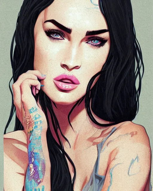 Image similar to megan fox, lofi, vaporwave, aesthetic, au, naturel, digital art, trending in artstation