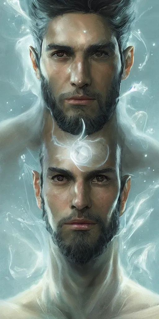 Prompt: portrait of a handsome young wizard olive skin, buzzed short dark hair, beautiful bone structure, symmetrical facial features, casting an evil spell, a floating glowing spellbook, , intricate, elegant, digital painting, concept art, smooth, sharp focus, illustration, from Metal Gear, by Ruan Jia and Mandy Jurgens and Artgerm and William-Adolphe Bouguereau