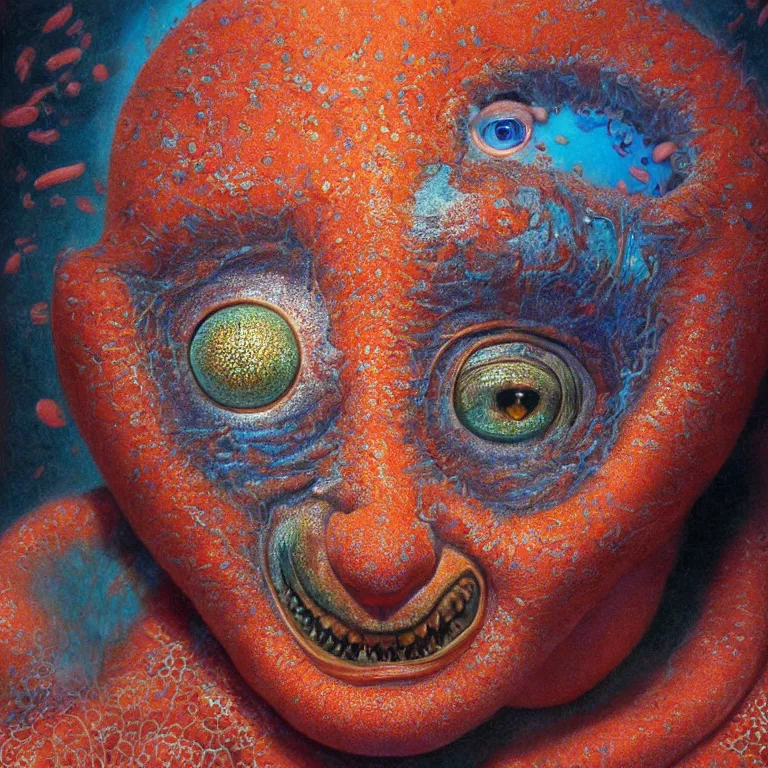 Prompt: Hyperrealistic intensely colored close up studio Photograph portrait of a deep sea bioluminescent Tom Holland, symmetrical face realistic proportions eye contact golden eyes, Smiling in a coral reef underwater, award-winning portrait oil painting by Norman Rockwell and Zdzisław Beksiński vivid colors high contrast hyperrealism 8k