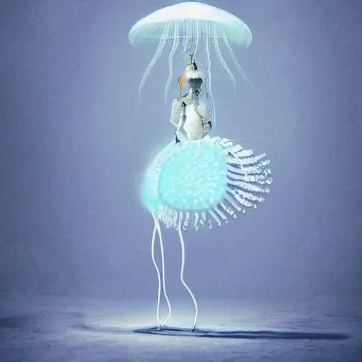 Prompt: closeup of a luminous jelly fish armor. soft. fragile. by ray caesar. by anna claren. surreal photography