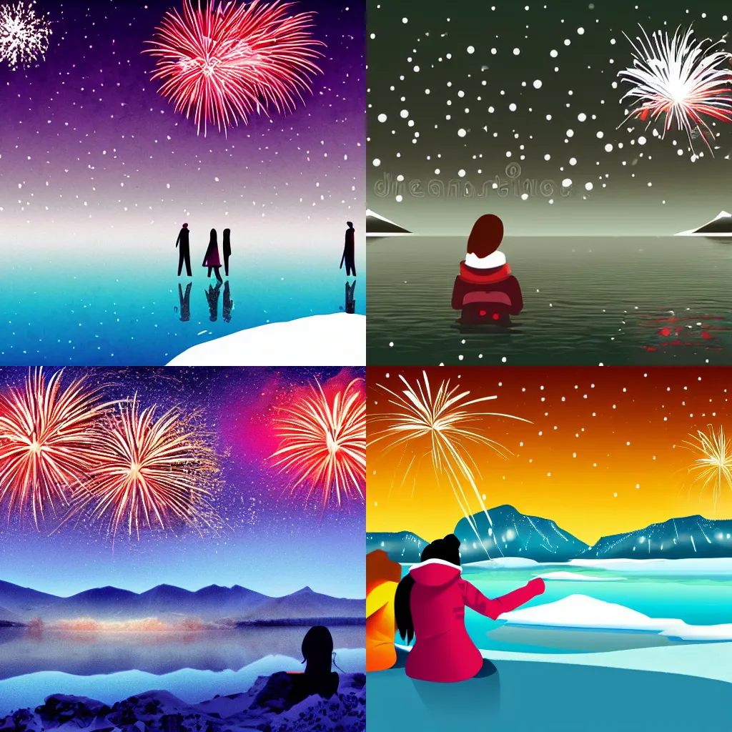 Prompt: A lake between mountains, winter, snow is falling, firework, women near the lake, cartoon, 2D