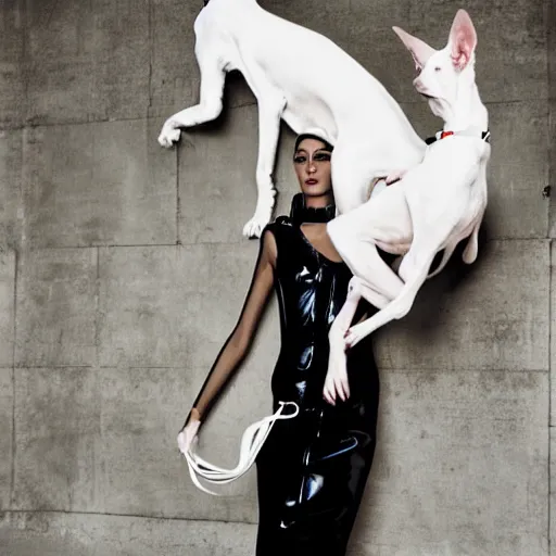 Image similar to fashion photography of an extraterrestrial model, holding a white doberman, wearing demobaza fashion, inside berghain, berlin fashion, harness, futuristic fashion, dark minimal outfit, photo 3 5 mm leica, hyperdetail, berghain, 8 k, very detailed, photo by nick knight