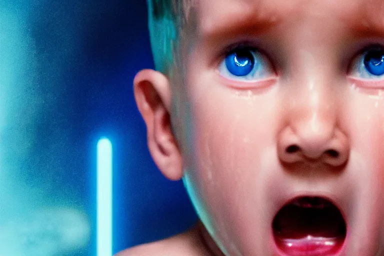 Image similar to a large blue and white hologram of a screaming child's face, photography by fred palacio medium full shot still from bladerunner 2 0 4 9, sci fi, bladerunner, canon eos r 3, f / 3, iso 2 0 0, 1 / 1 6 0 s, 8 k, raw, unedited