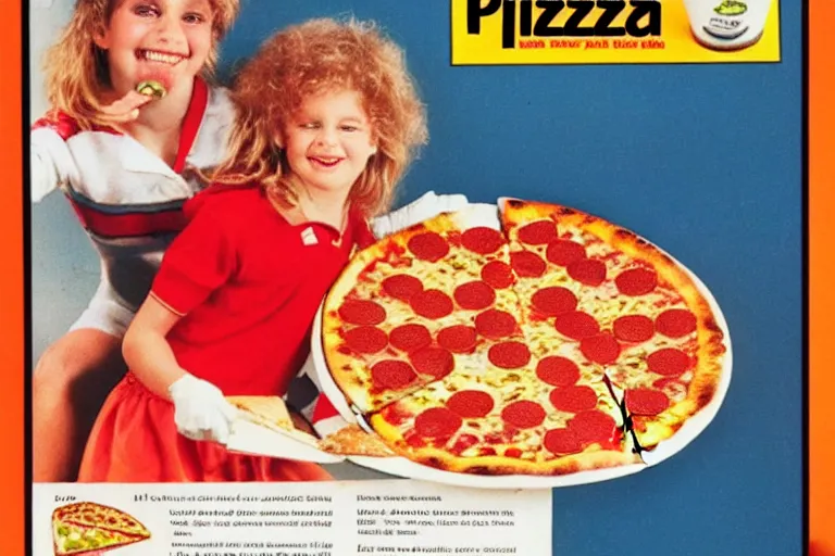 Image similar to pizza!!, 80s, advertisement