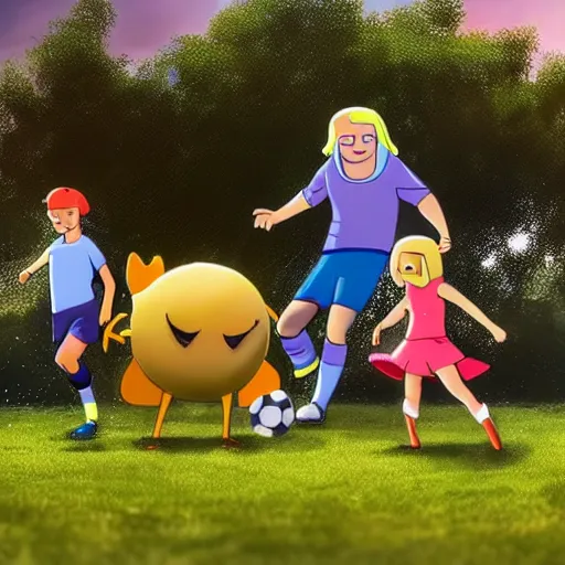 Image similar to a family of shrimp playing soccer, adventure time, 4k, cute,