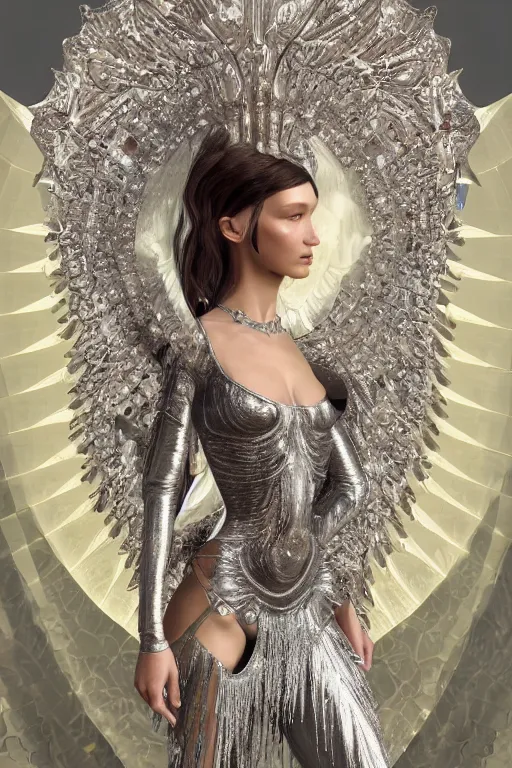 Image similar to a highly detailed 4 k render of a beautiful angel alien goddess bella hadid in iris van herpen dress schiaparelli in diamonds in style of alphonse mucha trending on artstation made in unreal engine 4