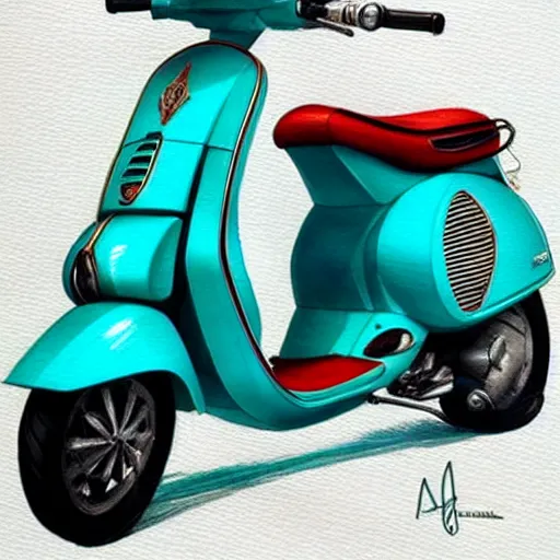 Prompt: a turquoise vespa moped, ultra realistic, concept art, intricate details, detailed, photorealistic, pencil and watercolor, art by artgerm and greg rutkowski