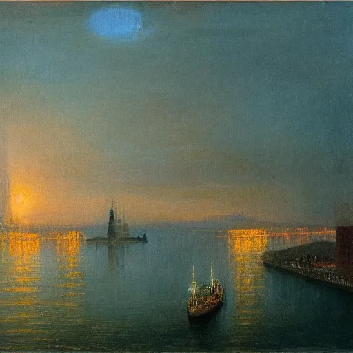 Prompt: high quality oil painting by joseph turner, staten island ferry passing by the statue of liberty at dusk