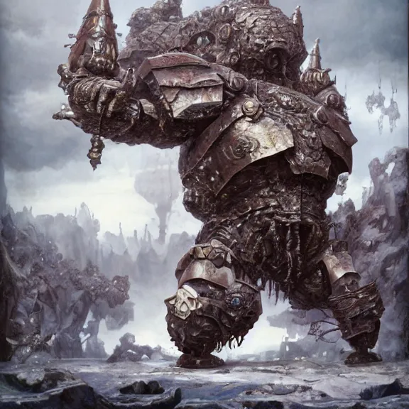 Image similar to moonstone, armoured chaos golem still frame from warhammer movie, legendary magical crystal construct by wayne barlowe, crystal golem fighting vast army by jakub rozalski, metal couture moonstone lightning elemental by malczewski