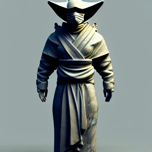 Image similar to 3 d octane rendering, marble statue of ninja wearing full face mask and hunter hat, vfx art, sharp, detailed, pinterest, unreal engine, behance, technological, octane render