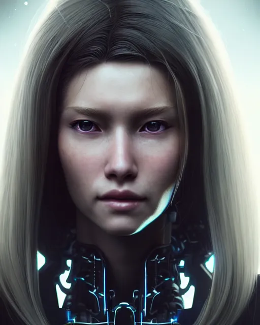 Image similar to a portrait of a beautiful 28th century super cool post-human female very young with long hair, barely human and largely biomechanical cyberpunk, hyper-realistic, very detailed unreal engine, by Artgerm, WLOP and Ross Thran, dramatic cinematic lighting rendered by octane, 8k, detailed, trending on artstation, deviantart google images, pinterest