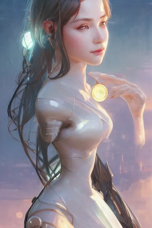 Image similar to an attractive serene cute android in a cafe, partially human , partially biomedical design , natural atmosphere, great high details, highly reaslitic, cinematic lighting, intricate, elegant, super highly detailed, art station, concept arD, beautiful, delicate, art by artgerm and greg rutkowski and alphonse mucha and loish and WLOP