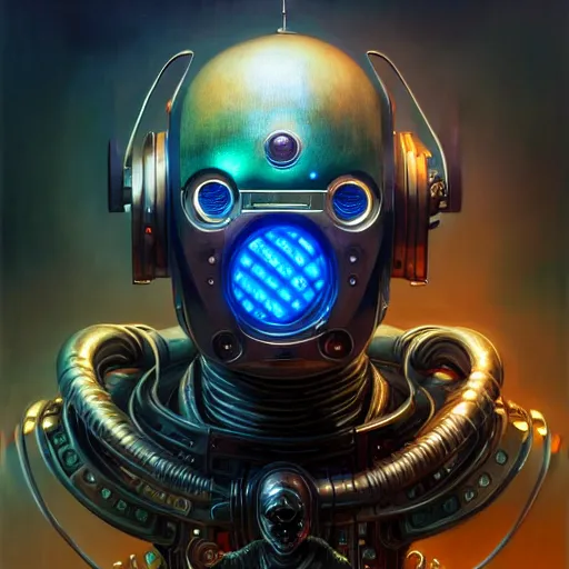 Image similar to front shot of a cyberpunk gazmask robot character, intricate, elegant, highly detailed, centered, digital painting, artstation, concept art, smooth, sharp focus, illustration, artgerm, Tomasz Alen Kopera, Peter Mohrbacher, donato giancola, Joseph Christian Leyendecker, WLOP, Boris Vallejo