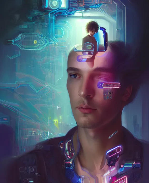 Image similar to a whirlwind inside the metaverse, guy, male, man, hologram, half body, neurochip, android, cyborg, cyberpunk face, by loish, d & d, fantasy, intricate, elegant, highly detailed, colorful, digital painting, artstation, concept art, art by artgerm and greg rutkowski and alphonse mucha