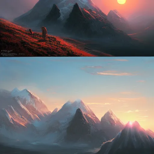 Prompt: Mountain landscape, sunset, beautiful, Greg Rutkowski, trending on artstation, 4K