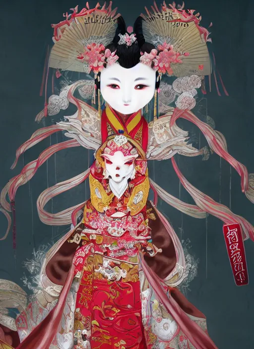 Prompt: full body portrait of a female kitsune peking opera actress by wlop, wuxia, xianxia, kitsune, fox, nine - tailed fox, peking opera, lithe, absurdly beautiful, detailed, realistic, anatomically accurate, fantasy illustration, artstation, wlop, 4 k.