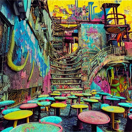 Image similar to breakfast at las pozas, graffiti by moebius, happy mood, cyberpunk, futuristic, 1 9 7 0 cut out collage, technilogy, high detail, golden light, realistic