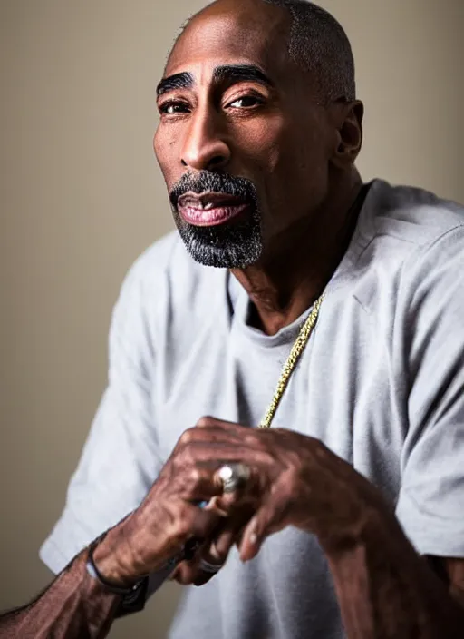 Prompt: dslr photo portrait still of 5 0 year old age 5 0 tupac at age 5 0, 8 5 mm f 1. 8, times magazine