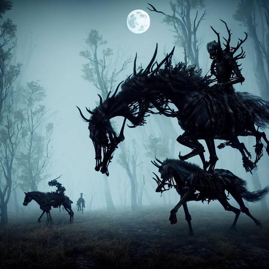 Image similar to the wild hunt, ghost riders in the full moon, skeletal shadow creatures, lurking enchanted forest, blizzard, mist, treacherous road, uneasy atmosphere, from the witcher, cinematic, arnold gpu, octane workflow, 8 k, unreal 5, hyperrealist, cohesive composition, intricate digital art, volumetric lighting, trending artstation, dark fantasy