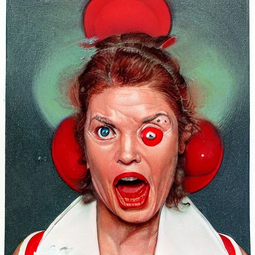 Prompt: Frontal portrait of a science fiction woman with a hysterical facial expression. White and red color palette. Norman Rockwell painting.