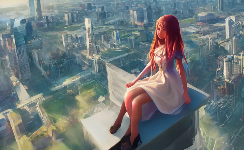 Prompt: Lady in a maid dress with long hair, she is sitting on the roof of a skyscraper and looking at the horizon of a large city Fantasy and concept art, colorful digital painting, unreal engine.