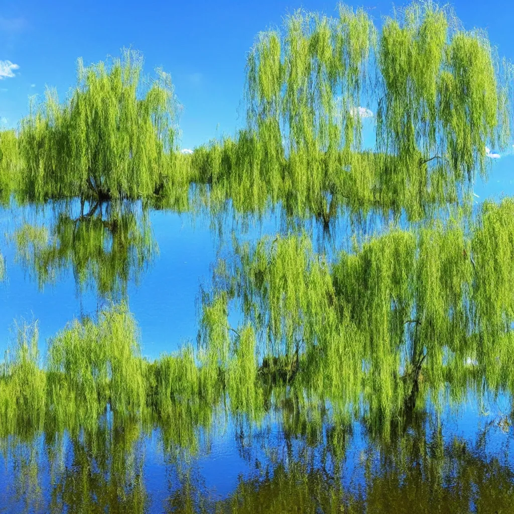 Prompt: beautiful pond seen at water level willow trees and blue sky reflecting in the water