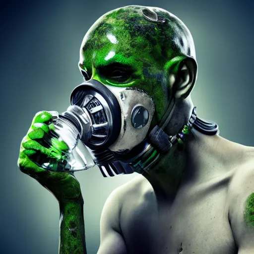 Prompt: human cyborg reptile hybrid with gas mask and green toxins popping from body full shot cinematographic high quality highly detailed ultra realistic 8 k