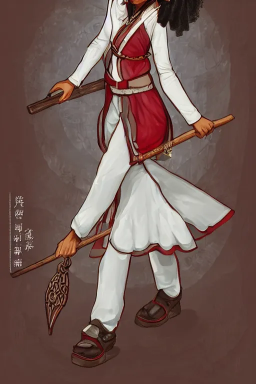 Prompt: young-looking dark-skinned female mage with brown bob-cut hair, wearing white shirt and necklace with grey short-sleeved jacket with red trim, belt, black pants and boots with red lacing, and carrying a wooden staff with floating red crystals. illustrated by Viorie