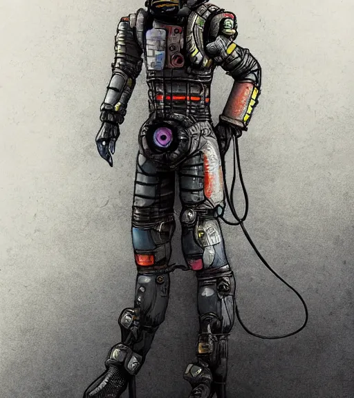 Image similar to realistic cyberpunk japanese engineer with long limbs and a black spacesuit welding a wall, techwear, dead space, visible face, Industrial Scifi, detailed illustration, character portrait, by Martin Grip and Moebius