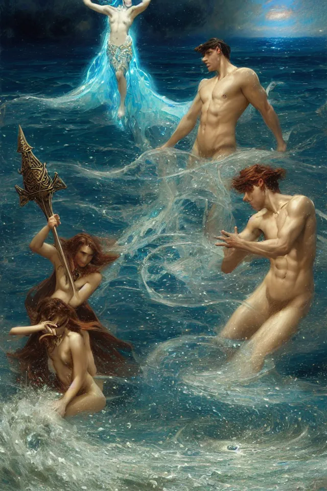 Prompt: attractive male siren, night star casting a spell summoning sea demons, highly detailed painting by gaston bussiere, craig mullins, j. c. leyendecker, 8 k