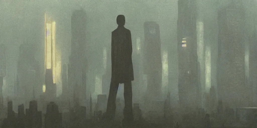 Prompt: A still from Blade Runner (1982) painted in the style of Grant Wood