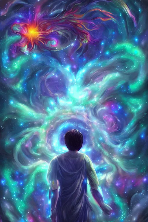 Image similar to god of the universe, korean mythology, galaxies and nebula flowing out of his body, artgerm, psychedelic floral planets, studio ghibli painterly style, trending on artstation