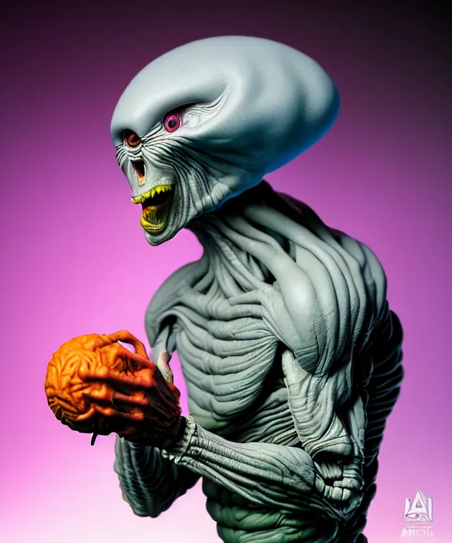 Image similar to hyperrealistic rendering, grey alien, by art of skinner and richard corben and jeff easley, product photography, action figure, sofubi, studio lighting, colored gels