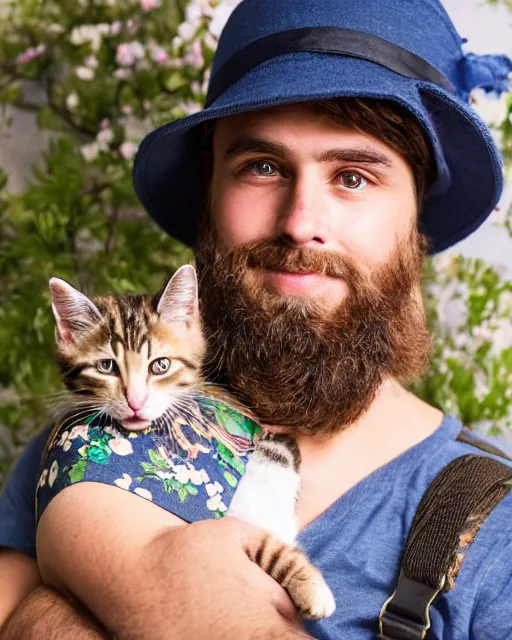 Image similar to gentlemen wearing a hat with floral print and wearing a baby sling on the back with a kitten in the sling, color studio portrait, golden ratio, backlit, happy, detailed eyes