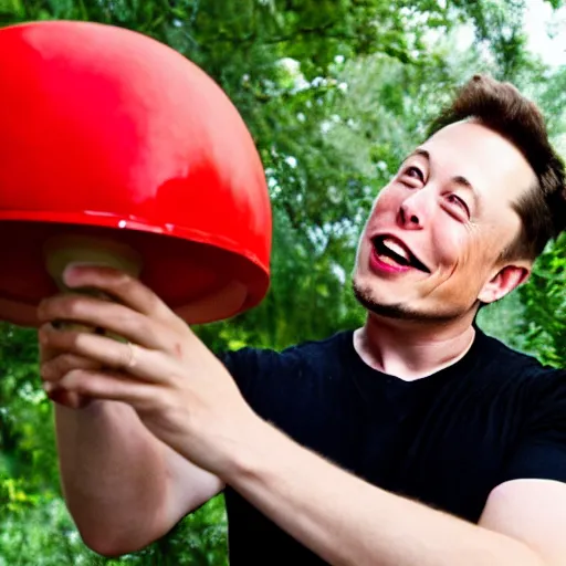Image similar to photo of elon musk finding a giant red mushroom, exhilarated, portrait, closeup. mouth open, 30mm, bokeh