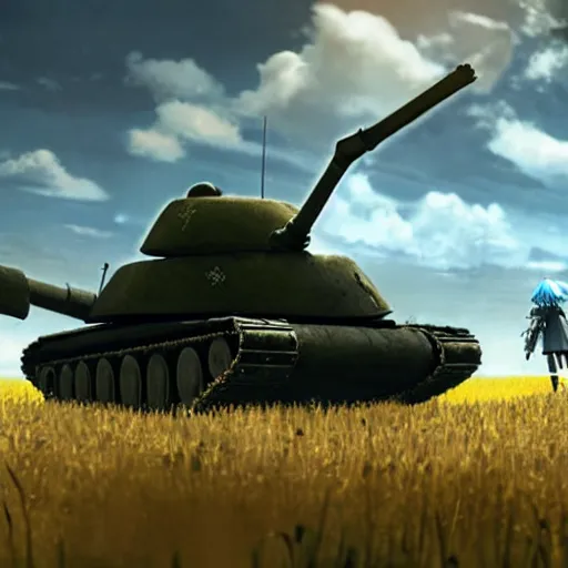 Prompt: a very high resolution image from nier : automata, featuring 9 s android destroying a t 6 2 russian tank in yellow rye field under pure blue skies