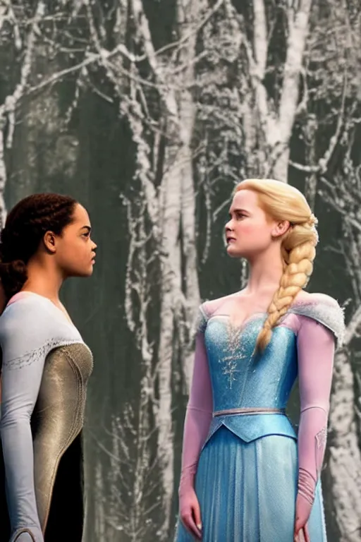 Image similar to Tessa Thompson and Evan Rachel Wood as Anna and Elsa