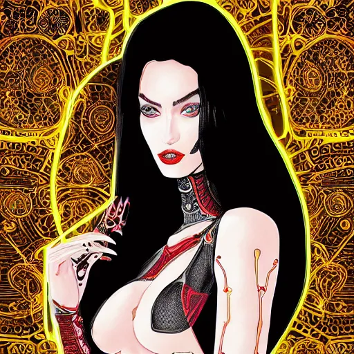 Image similar to the portrait of an elegant, sophisticated, fashionable ottomanpunk robotess idol, an ultrafine illustration of young half arab megan fox mix by kim jisu, intricate linework, neon wiring, fashion, porcelain skin, unreal engine 5 highly rendered, global illumination, radiant light, detailed and intricate environment, by rutkowski, artgerm, marvel comics