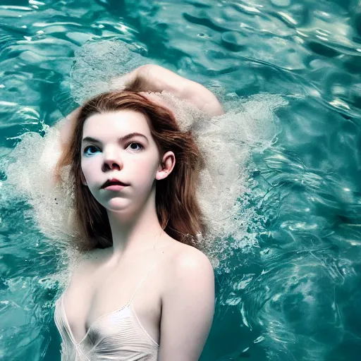 Image similar to portrait of a beautiful girl like anya taylor - joy floating under the deep water, white petal, by personal photography, art by brookskim, closeup, 4 k, highly detailed, instagram,