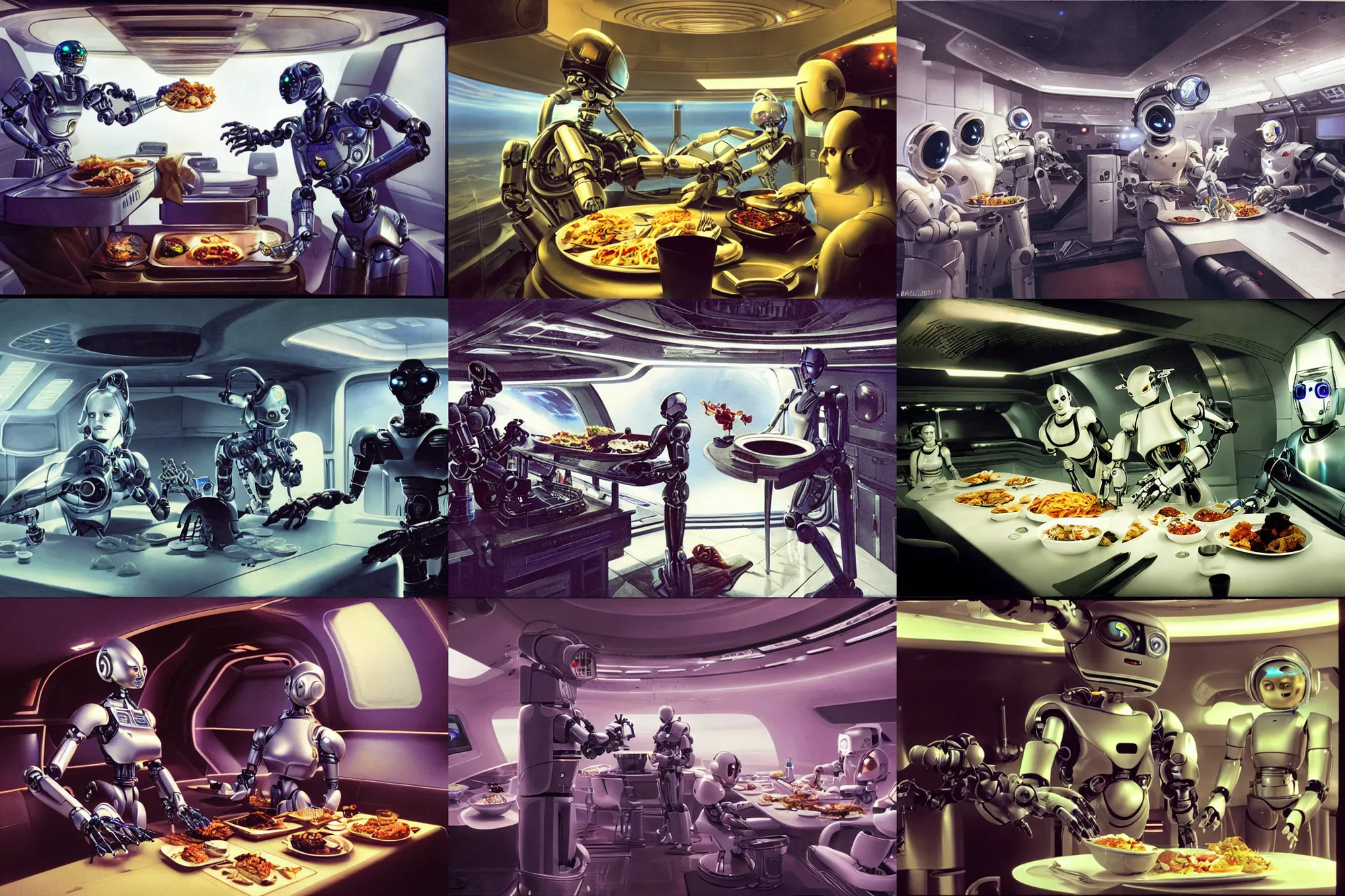 Prompt: a cinematic wide - angle photograph of an androgynoid robot serving meal for crew members inside of an inter - galactic spaceship, beautiful lighting, high depth, ultra realistic, artistic, coherent composition by john harris and jim burns