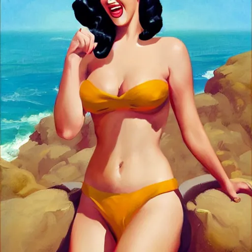 pinup katy perry in a red bikini thong, artwork by