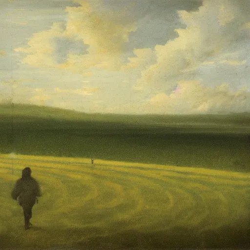 Prompt: a landscape with a person walking across a field, in the style of Midjourney