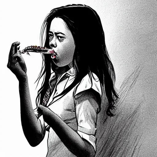 Image similar to young vampire aubrey plaza eating a clove of garlic, art by sam yang