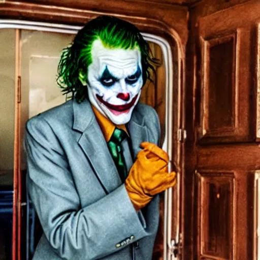Prompt: “ photograph of the joker having just purchased his new home ”