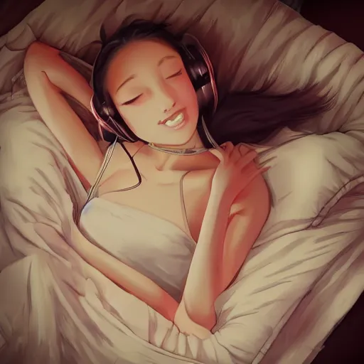 Image similar to lofi hiphop girl lying in bed listening to music by Wenqing Yan, WLOP, Zumidraws, OlchaS Logan cure liang Xing