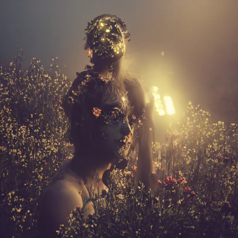 Prompt: The full body shot of beautiful pale woman with many flowers on her skin and full-face black mask with glowing halo, a thick black smoke in rocky desert landscape, glowing eyes, falling star on the background, burning earth by Christopher Doyle, Gaspar Noe, Alejandro Jodorowsky, anamorphic lens, cinematic composition, award winning photo, 8k